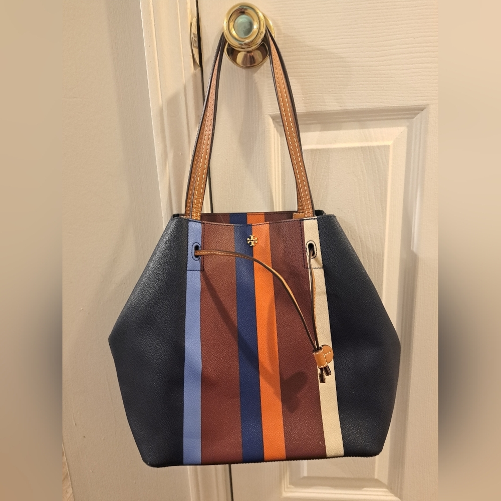 TORY BURCH Blue , multicolor stripe leather Kerrington bucket bag /gold-tone